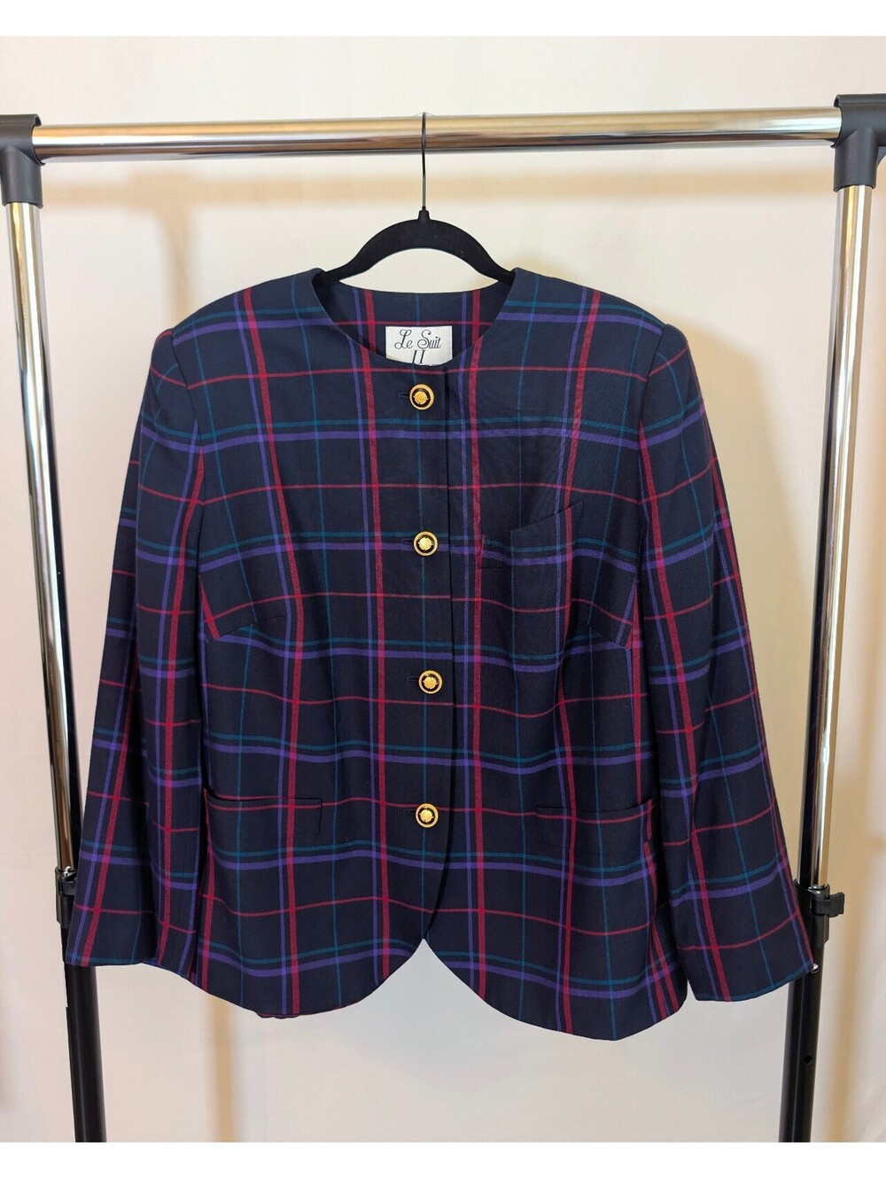 VTG Le Suit Blazer Womens 18W XL Navy Red Purple Tartan Plaid 80 90 Collarless